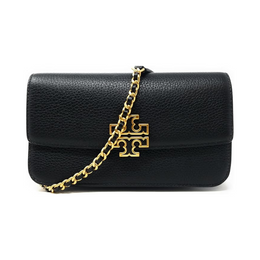 Tory Burch Women’s Britten Chain Wallet with Wristlet – Black Pebbled Leather Designer Clutch with Chain Accent