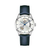 Hamilton Jazzmaster Open Heart Automatic Watch – Swiss Made, 40mm Stainless Steel Case, Silver Dial, Blue Leather Strap
