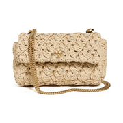 Tory Burch Kira Crochet Mini Flap Bag – Natural Leather with Gold Hardware & Adjustable Chain Strap