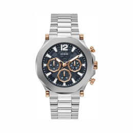 GUESS Men’s 46mm Silver-Tone Watch with Blue Dial – Water Resistant Stainless Steel Timepiece