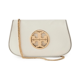Tory Burch Reva Clutch – Leather Evening Bag with Cutout Logo & Optional Chain Strap