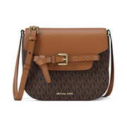 Michael Kors Emilia Small Saddle Crossbody Bag – Gold-Tone Hardware / MK Signature Coated Twill / Brown/Acorn