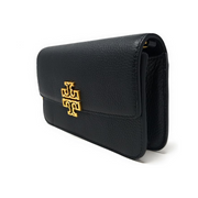 Tory Burch Women’s Britten Chain Wallet with Wristlet – Black Pebbled Leather Designer Clutch with Chain Accent