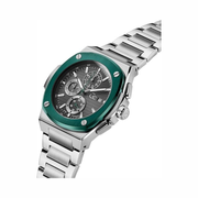 GUESS Silver-Tone Chronograph Watch with Green Bezel & Multifunction Subdials