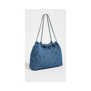 Tory Burch Fleming Soft Denim Drawstring Bag – Quilted Design, Chain Strap, Designer Women’s Shoulder Handbag