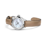 Hamilton Jazzmaster Lady Quartz Watch – Swiss Made, 26mm Stainless Steel Case, Mother of Pearl Dial, Beige Leather Strap