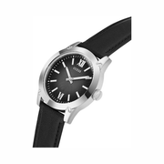 GUESS Men’s 44mm Silver-Tone Watch | Black Leather Strap & Analog Dial | Classic Quartz Timepiece
