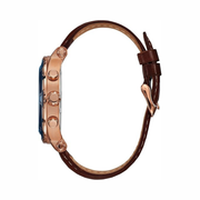 GUESS Men’s 46mm Rose Gold-Tone Stainless Steel Chronograph Watch | Blue Dial & Brown Leather Strap