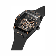 GUESS Men's Trend Tonneau 43mm Watch | Black Polycarbonate Case | Multifunction Analog Quartz | Silicone Strap | Water Resistant 50m