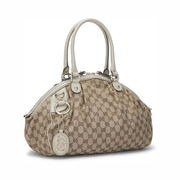Gucci Pre-Loved Sukey Boston Handbag – White GG Canvas with Leather Trim