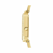 GUESS Gold-Tone Crystal Triangle Analog Watch – 34mm Champagne Dial with Polished Stainless Steel Mesh Bracelet