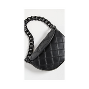 Tory Burch Fleming Mini Crescent Bag – Black Quilted Leather, Chunky Chain Handle, Adjustable Strap