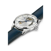 Hamilton Jazzmaster Open Heart Automatic Watch – Swiss Made, 40mm Stainless Steel Case, Silver Dial, Blue Leather Strap