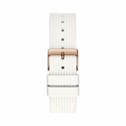GUESS Ladies Sport Clear Multifunction 39mm Watch – White Silicone Strap, Rose Gold-Tone Accents & Day-Date Display