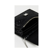Tory Burch Kira Satin Embellished Mini Top Handle Wallet on Chain – Black Rhinestone Accent, Silver Hardware