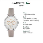 Lacoste Birdie Women’s Quartz Watch – Stainless Steel & Leather Strap, Multifunction Dial, Elegant Grey (36mm)