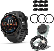Garmin fēnix 8 – 43mm GPS Smartwatch (Carbon Gray DLC Titanium & Black-Pebble Gray) Bundle with Charger Stand, Cable, Screen Protector & Port Protector – 4 Items