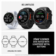Garmin fēnix® 8 Sapphire AMOLED GPS Smartwatch – 51 mm Premium Multisport Watch with Long Battery Life, Dive-Rated, Built-in LED Flashlight – Carbon Gray DLC Titanium with Pebble Gray Band