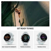 Garmin Forerunner 570 GPS Smartwatch (42mm, Whitestone/Blue Band, Aluminum) | Advanced Training Features, Music, SATIQ Multi-Band GPS | Bundle with Charging Dock, Dust Covers & Screen Protectors