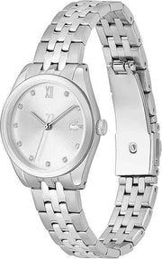Lacoste Tuilerie Women’s Quartz Watch – 32mm Stainless Steel Case, Plissé-Textured Dial, Five-Link Bracelet, Crystal Indexes, Silver