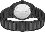Lacoste Reno Men’s Quartz Watch – 42mm Black Ionic Plated Stainless Steel Case, Transparent Silicone Strap, Skeleton Dial, Water Resistant 50m