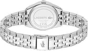 Lacoste Tuilerie Women’s Quartz Watch – 32mm Stainless Steel Case, Plissé-Textured Dial, Five-Link Bracelet, Crystal Indexes, Silver