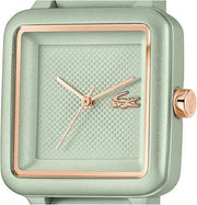 Lacoste.12.12 Flow Women’s Quartz Watch – Green Aluminum Case, Slim Silicone Strap, Minimalist Square Design, Water Resistant 3ATM, 26mm