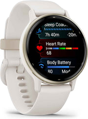 Garmin Vivoactive® 5 Health & Fitness GPS Smartwatch – Cream Gold Aluminum Bezel, Ivory Silicone Band, 1.2” AMOLED Touchscreen, 11-Day Battery, Bundle