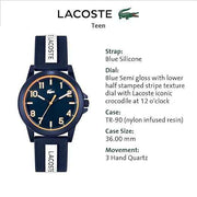 Lacoste Rider Kids’ Quartz Watch – Blue TR90 Case, Blue Silicone Strap, Sporty Teen Design – 3-Hand Display, 36mm, Water Resistant