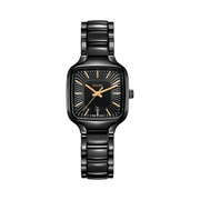 Rado True Square Black Ladies Watch – 29.2mm Swiss Automatic | High-Tech Ceramic & Titanium, Rose Gold Indexes