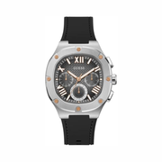 GUESS Men’s 42mm Square Case Watch | Silver-Tone Dial & Black Silicone Strap
