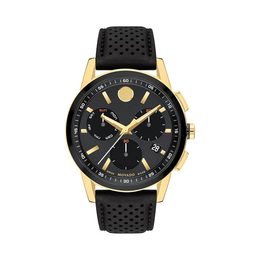 Movado Museum Sport Men's Luxury Chronograph Watch – Swiss Quartz Movement, 43mm Black Dial, Calfskin Strap, 3ATM