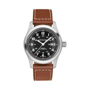 Hamilton Khaki Field Automatic Watch – Swiss Made, 42mm Stainless Steel Case, Black Dial, Leather Strap