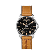 Hamilton Khaki Aviation Day Date Automatic Watch – Swiss Made, 42mm Stainless Steel Case, Black Dial, Brown Leather Strap