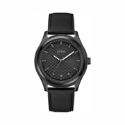 GUESS Black Leather Analog Watch – 44mm Case, Diamond-Pattern Dial, Genuine Leather Strap
