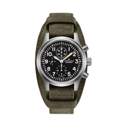 Hamilton Khaki Field Auto Chronograph – Swiss Made, 44mm Stainless Steel Case, Black Dial, Green Leather Strap