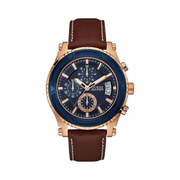 GUESS Men’s 46mm Rose Gold-Tone Stainless Steel Chronograph Watch | Blue Dial & Brown Leather Strap