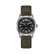 Hamilton Khaki Field Titanium Auto Watch – Swiss Made, 38mm Titanium Case, Black Dial, Green Leather Strap