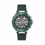 GUESS Gc Green Leather Chronograph Watch – Swiss Made Silver-Tone Case with Crocodile Pattern Strap