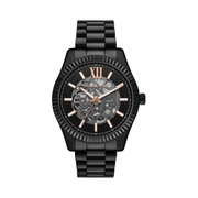 Michael Kors Lexington Automatic Men’s Watch – Black Stainless Steel with Rose Gold Skeleton Dial (MK9244, 45mm)