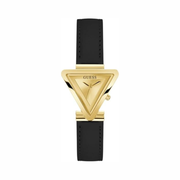 GUESS Ladies 34mm Watch – Gold-Tone Case, Champagne Dial, and Black Strap
