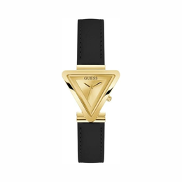 GUESS Ladies 34mm Watch – Gold-Tone Case, Champagne Dial, and Black Strap
