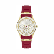 GUESS Women’s Gold-Tone Red Silicone Watch | 38mm Multifunction White Dial | Stain-Resistant Strap & Quartz Analog Movement