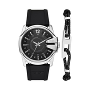 Diesel Master Chief Men’s Watch & Cord Bracelet Set – 43mm Black Silicone Strap, Quartz Movement (Model DZ4700SET)