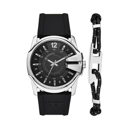 Diesel Master Chief Men’s Watch & Cord Bracelet Set – 43mm Black Silicone Strap, Quartz Movement (Model DZ4700SET)