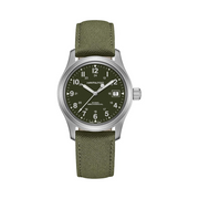 Hamilton Khaki Field Mechanical Watch – Swiss Made, 38mm Stainless Steel Case, Green Dial, Green Canvas Strap