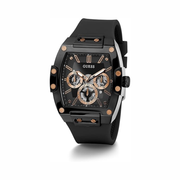 GUESS Men's Trend Tonneau 43mm Watch | Black Polycarbonate Case | Multifunction Analog Quartz | Silicone Strap | Water Resistant 50m