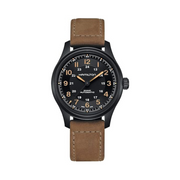 Hamilton Khaki Field Titanium Automatic Watch – Swiss Made, 42mm Titanium Black PVD Case, Black Dial, Brown Leather Strap