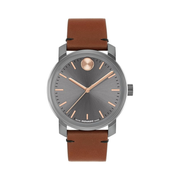 Movado Bold Access Men’s Quartz Watch | Swiss Movement, 41mm Gray Ion-Plated Case, Brown Leather Strap