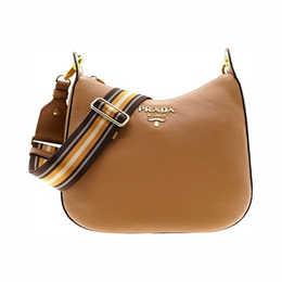 Prada Women's Tan Leather Medium Crossbody Bag – Web Stripe Strap, Designer Handbag 1BC166